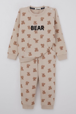 Breeze Erkek Bebek Eşofman Takımı Sevimli Ayıcık Desenli Pantolonu Düğme Aksesuarlı 9 Ay-3 Yaş, Bej Bej