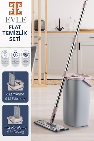 Lavine Premium Flat Mop Seti Gri, Su Tahliyeli Kova, Paslanmaz Çelik Sap