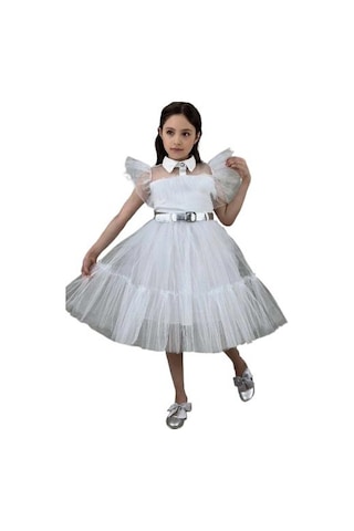 Ricctarz Kız Çocuk Gömlek Yaka Göğsü Ve Kolları Tül Detaylı Wednesday Beyaz Elbise Beyaz