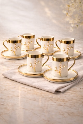 6 Kişilik Lüks Beyaz Gold Yaldızlı İnci Lotus Dallı Kahve Fincan Takımı Seti 100ml Altın - Beyaz