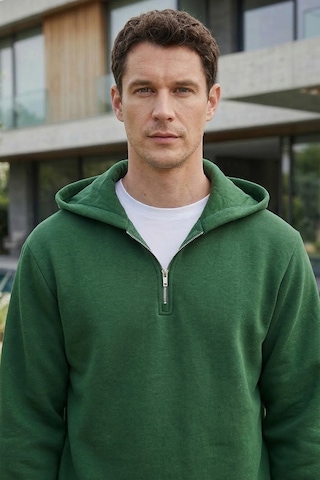 Tudors Unisex Relax Fit Rahat Kesim Pamuklu İçi Polarlı Yarım Fermuarlı Yeşil Kapüşonlu Sweatshirt-37026