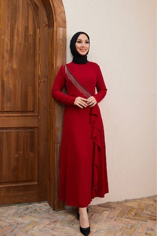Neşeli Butik Kadın Zincir Detaylı İthal Kumaş Tesettür Elbise Sms029 Bordo