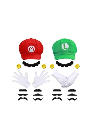 Süper Mario Kostümü Luigi Şapkası Mario Cadılar Bayramı Kostümü Şapka Askıları 4 Eldiven 14 Bıyık 4 Düğme Cosplay Kostümü Karnaval Çocuk Erkek Kadın