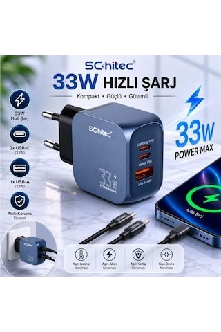 Schitec 33w Gan 3 Portlu Hızlı Şarj Adaptörü Usb-c + Usb-a + Lightning 1m Kablolu Set Siyah Q5