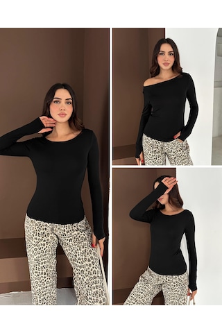 Elaxi Kadın Kayık Yaka Parmak Geçmeli Uzun Kollu Full Likralı Pamuk Viskon Buzzy Body Tişort Siyah
