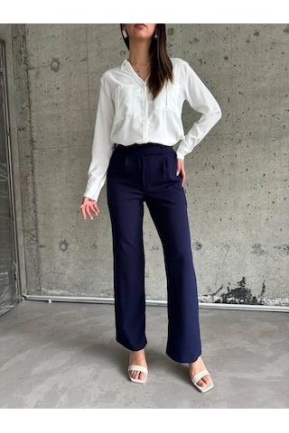 Ribana Classic Beli Cırtcırtlı Likralı Krep Pantolon Lacivert
