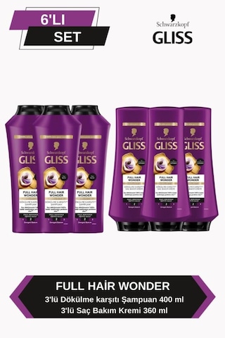 Gliss Full Hair Wonder Dökülme Karşıtı Şampuan 400ml X 3 + Saç Kremi 360ml X 3 set-hnkl-5223-6365 Tüm Saçlar