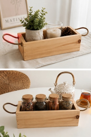 Çok Amaçlı Ahşap Dekoratif Düzenleyici Sepet 30x14 Cm Doğal Çam Ağacı Jüt İp Kulplu