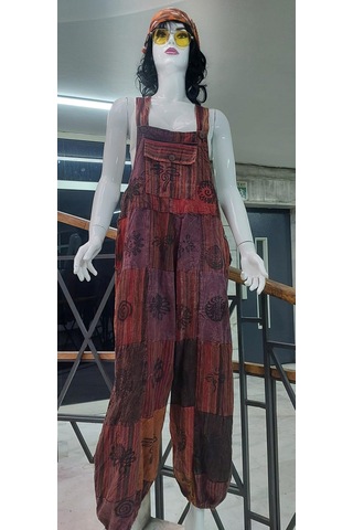 Hint Otantik Yıkamalı Taşlanmış Kahve Tonlu Şalvar Tulum Çok Renkli