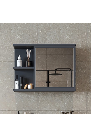 Kulpsuz Tek Kapaklı Mat Suntalam 60 Cm Aynalı Banyo Üst Dolap Ant Antrasit
