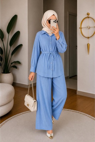 Hira Life Fashion Kadın Kolu Taş Detaylı Bel Bağlamalı Salaş Keten Gömlek Pantolon İki 'li Şık Takım Mavi Mavi