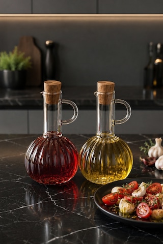 Porsima Lm-0010 Breze 2li Mantar Kapaklı Borosilikat Cam Yağlık Sirkelik Yağdanlık Seti 300ml+300ml