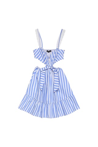Olla Collection Kurdele Detaylı Çizgili Mini Elbise Mavi Mavi
