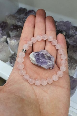 Pembe Kuvars Doğal Taş Bileklik 8 Mm Ametist Taş Hediyeli Yaşam Sevinçi, Pozitiflik Çok Renkli