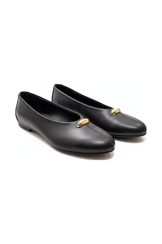 Ne&ve Shoes Siyah Hakiki Deri Gold Aksesuar Detaylı Kadın Günlük Babet
