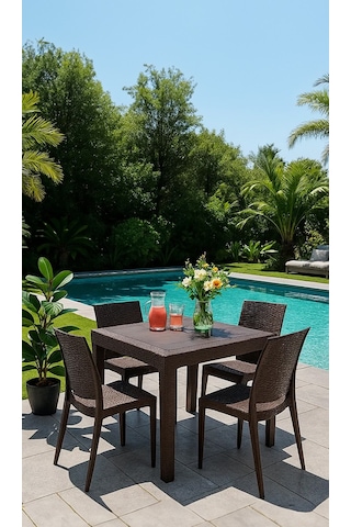 Rattan 80x80 Camsız Kahve Masa / 4 Adet Rattan Kolsuz Sandalye Takımı Kahve