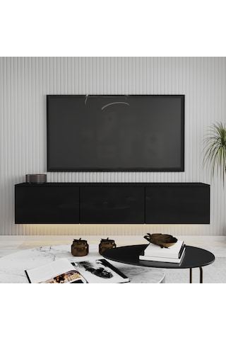 T0020 Alston Duvara Monte Tv Ünitesi Led Işıklı, Modern Tasarım, 160 Cm - Parlak Siyah Parlak Siyah