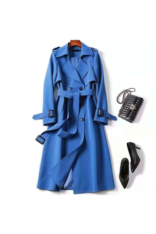 Uzun Moda İngiliz Tarzı Şık Tesettüre Uygun Dış Giyim Kadın Ceket Mavi