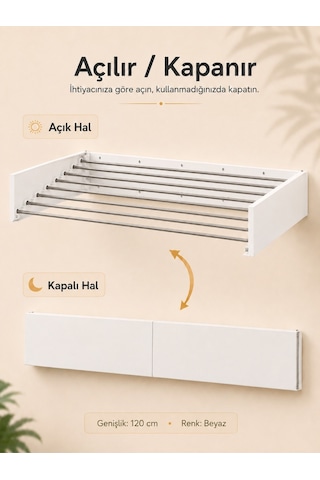 Çamaşır Kurutma Askısı Katlanır Duvara Monte Balkon Banyo Askılık Duvar Tipi Yer Tasarruflu Çamaşırlık 120 Cm Belize Beyaz