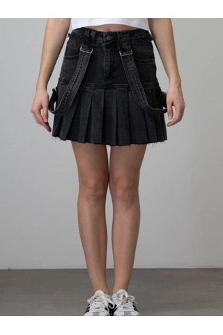 Kız Çocuk Askılı Pileli Tasarım Denim Etek-15535 Siyah