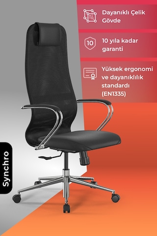 Ergolife Sit 8 Ofis Koltuğu Krom Ayaklı, Fileli, Yüksek Arkalıklı, Siyah, Bilgisayar Sandalyesi -1b9.55.1.403 Çok Renkli
