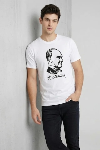 Valensdesign Erkek Atatürk Baskılı Tişört Kısa Kollu Bisiklet Yaka T-shirt - Beyaz