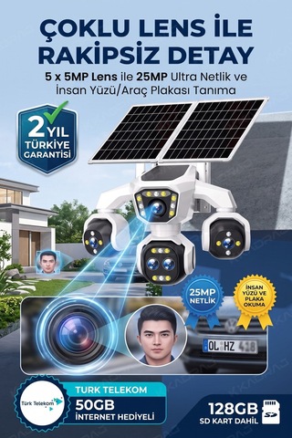 5 Kameralı Güneş Enerjili Kamera 18x Zoom Solar Panelli Profesyonel Dış Mekân Güvenlik Kamerası 50tt