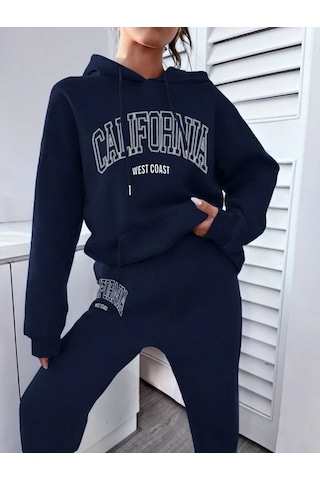 West Coast Eşofman Takım Sweatshirt Jogger - Lacivert Baskılı Oversize Şardonlu Kapüşonlu Lacivert