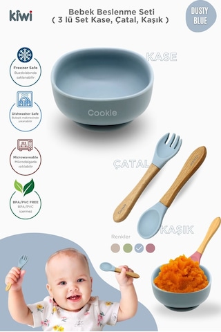 Kiwi 3 Parça Kase Çatal Kaşık Beslenme Seti - Doğal Silikon Bpa İçermez- Dusty Blue