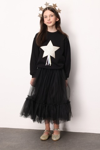 Le Mabelle Siyah Yıldız Nakışlı Kurdele Detaylı Uzun Kollu Kız Çocuk Sweatshirt Siyah