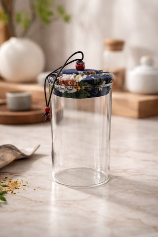 Makri Home 650 Ml Borosilikat Cam Hava Geçirmez Lacivert Kumaş Kaplama Bambu Kapaklı Kavanoz,çap: 8 Cm,h: 18 Cm Lacivert