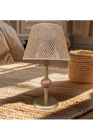 Çift Ahşaplı Abajur Eskitme Rattan Kahverengi Şapkalı Kahverengi