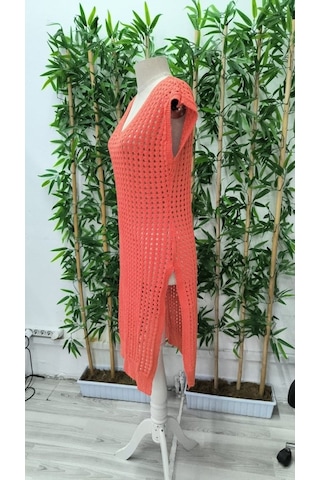 Emh Store Kadın Sıfır Kol V Yaka Yanı Derin Yırtmaçlı Midi Boy Triko Elbise Turuncu