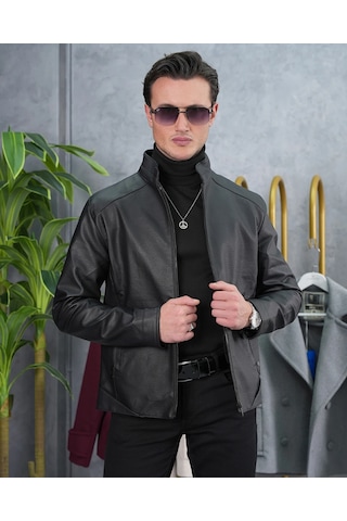 Modefendi Slim Fit Kalıp Hakim Yaka Ribanası Asimetrik Model İthal Deri Mont Renkli