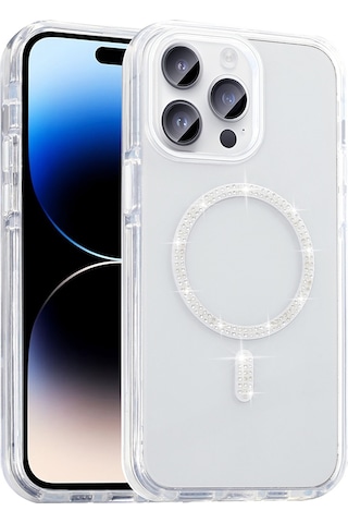 Techaks Apple Uyumlu iPhone 14 Pro Max Kılıf Taşlı Tasarım M-safe Şarj Özellikli Zore Koment Silikon Kapak - Gold Altın