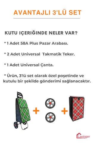 Pazar Arabası Plus Avantajlı 3' Lü Set Pazar Arabası + Yedek Tekeri + Yedek Çantası. Yeşil