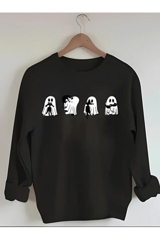 Halloween Tema Kalın Kışlık Sweatshirt - Siyah Bisiklet Yaka Oversize Sweatshirt Siyah