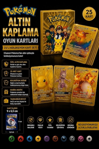 Pokemon Altın Kaplama Oyun Kartları Koleksiyon Kart Seti 9x6,5 Cm