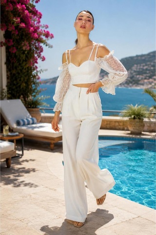 Wellway Ithal Crep Çizgili Kadın Bustiyer Crop-beyaz Beyaz