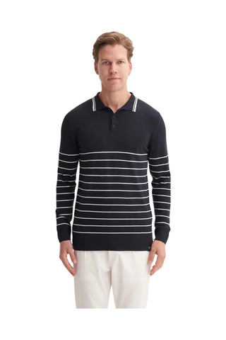 Cazador Slim Fit Viskon Dokulu Basic Çizgi Detaylı Polo Yaka Kazak-33020 Lacivert