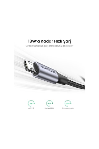 Ugreen Usb 2.0 A To Micro Usb Örgülü Hızlı Şarj Kablosu, 1m, Siyah, 60146