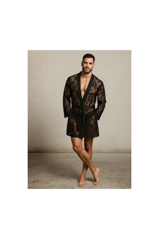 Qmen Style Erkek Dantelli Kimono Ve Sabahlık Siyah