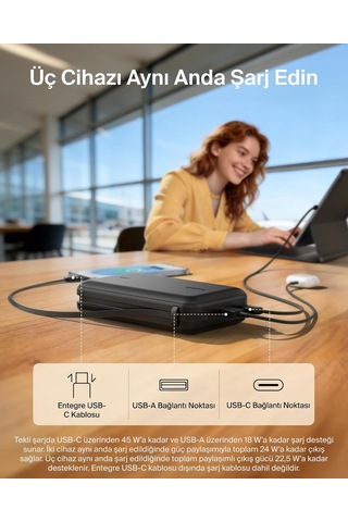 Ultracharge 20000 Mah Usb-c Kablolu Ve Ekranlı Power Bank, Siyah