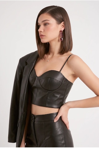 Cemo Deri İnce Askılı Büstiyer Crop Top Siyah