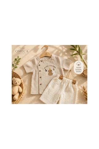 Omeca Concept Erkek Bebek %100 Pamuk Ayıcık Nakışlı 2'li Takım Bej