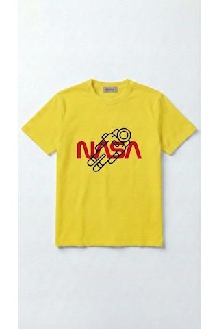 Unisex Düz Renk Nasa Dijital Baskılı Bisiklet Yaka Basic Tişört Sarı