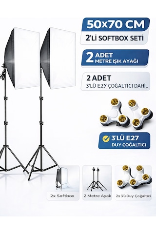 Rabsev Softbox İkili Set 50x70Cm Sürekli Işık Seti 2 Metre Ayaklı 3'lü E27 Duylu Ürün Fotoğraf Çekim Işığı