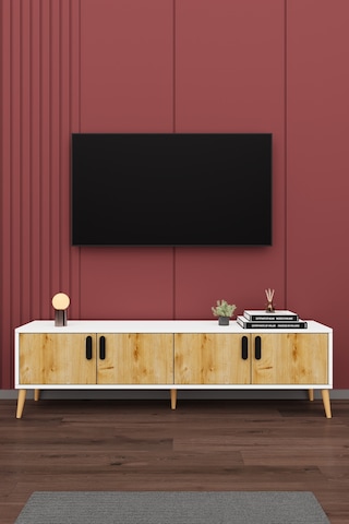 Asra Trend Tv Ünitesi T-02 %100 MDF 160 cm Tv Sehpası 4 Kapaklı Raflı Beyaz-Safir Meşe