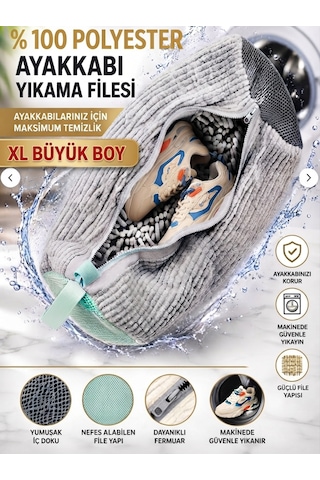 Ayakkabı Yıkama Çantası Özel Makarna Kumaş Fermuarlı Büyük Boy Mikrofiber Gri Renk Xl 40 X 20 Cm Çamaşır Filesi