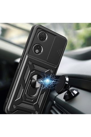 Teknomoda Honor 90 Kılıf Yüzüklü Standlı Sürgülü Kamera Korumalı Tank Sert Silikon Kapak Siyah